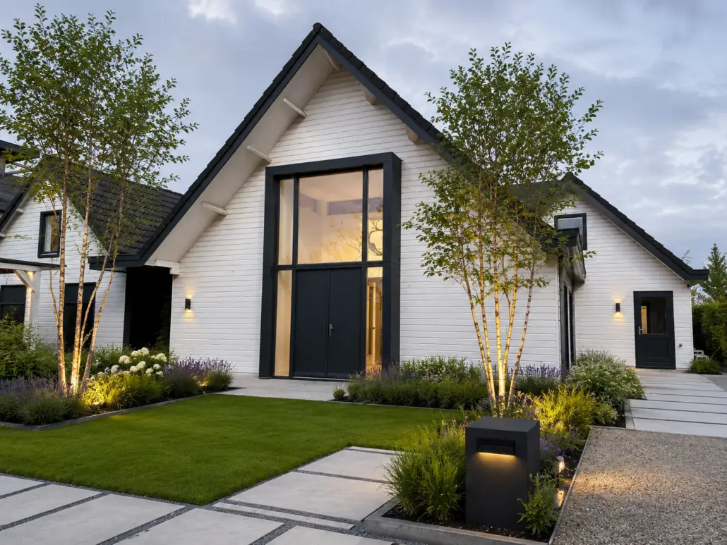 Modern white house with black-trimmed gabled roof, large front glass entrance, and landscaped yard at dusk.